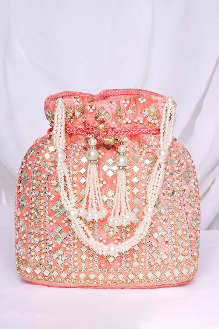 Women peach embellished potli bag ethnic purse for women