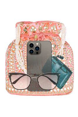 Women peach embellished potli bag ethnic purse for women 4