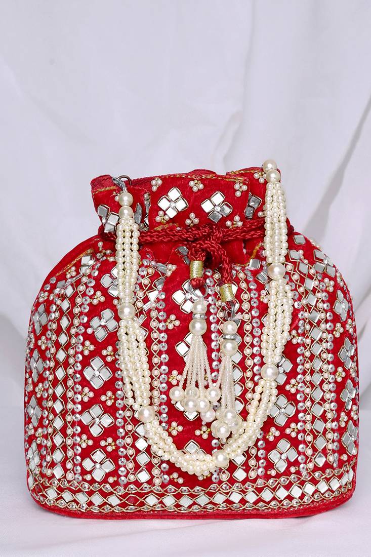 Embellished red potli bag handbag wristlet purse for women