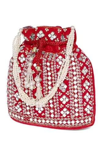 Embellished red potli bag handbag wristlet purse for women