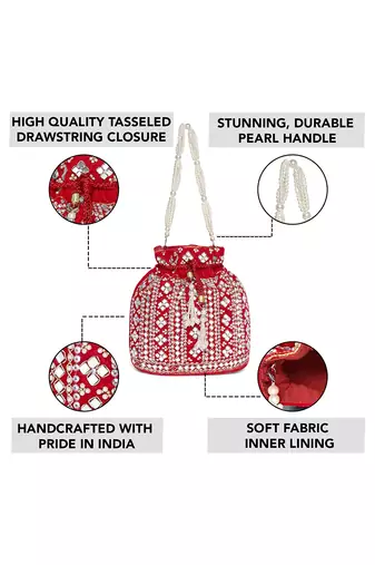 Embellished red potli bag handbag wristlet purse for women