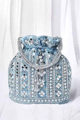 Blue potli bag gift for women handmade evening handbag stylish bridal wristlet purse fashion bag