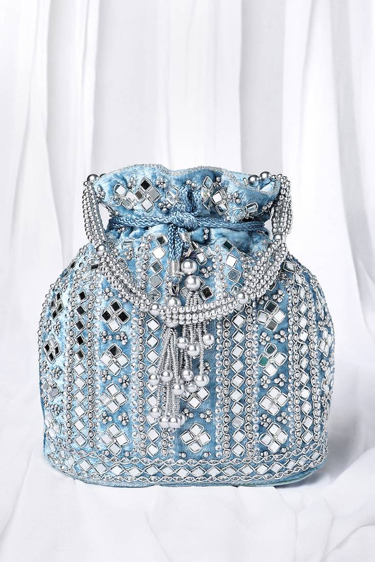 Blue potli bag gift for women handmade evening handbag stylish bridal wristlet purse fashion bag