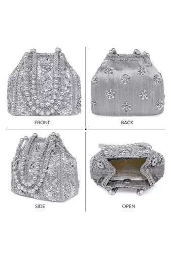 Silver potli purses handmade evening handbag stylish bridal fashion wristlet bag for women