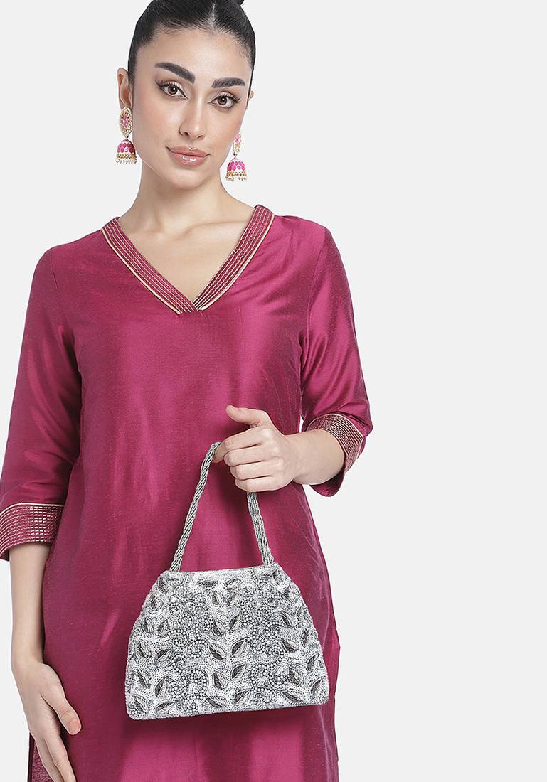 Silver potli bag gift for women evening bag clutch ethnic bride purse with drawstring