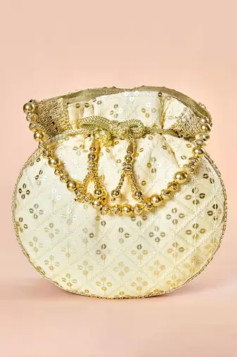 Cream ethnic embroidered potli bag for women fancy evening wristlet purse bag