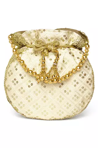 Cream ethnic embroidered potli bag for women fancy evening wristlet purse bag