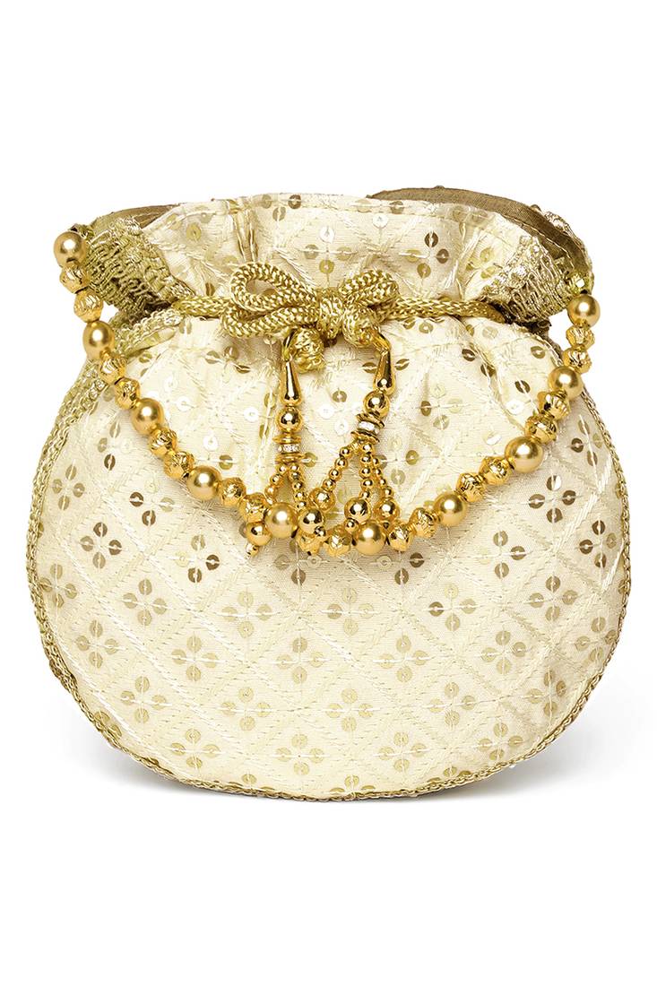 Cream ethnic embroidered potli bag for women fancy evening wristlet purse bag
