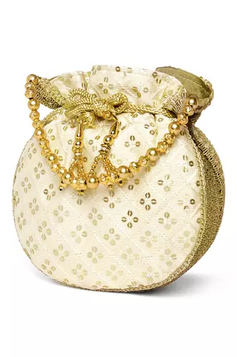 Cream ethnic embroidered potli bag for women fancy evening wristlet purse bag