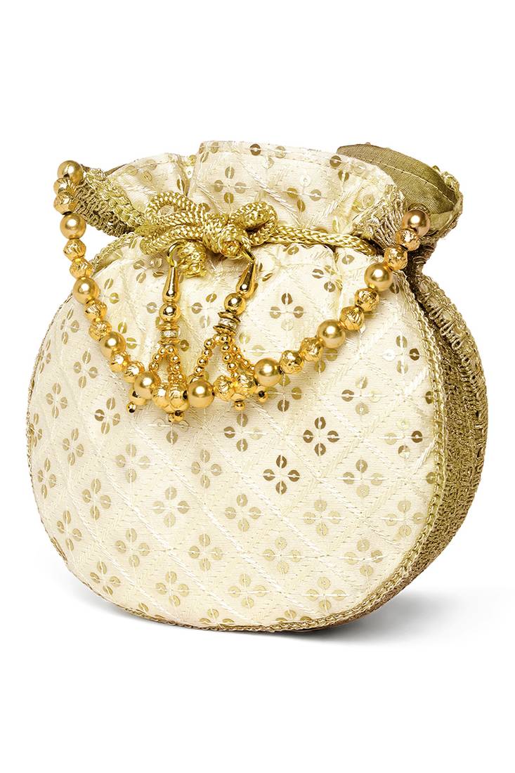 Cream ethnic embroidered potli bag for women fancy evening wristlet purse bag