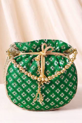 Green ethnic embroidered potli bag for women