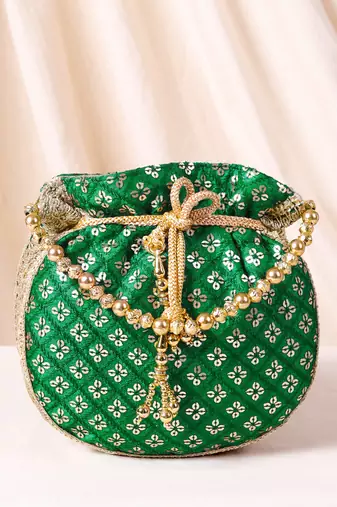 Green ethnic embroidered potli bag for women