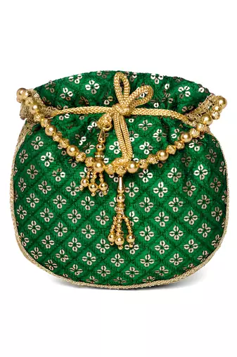 Green ethnic embroidered potli bag for women