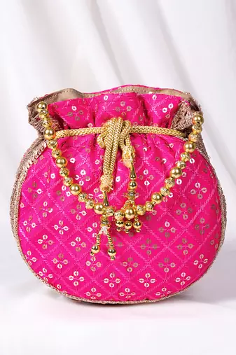 Rani pink ethnic embroidered potli bag for women