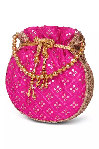 Rani pink ethnic embroidered potli bag for women