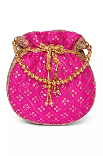 Rani pink ethnic embroidered potli bag for women