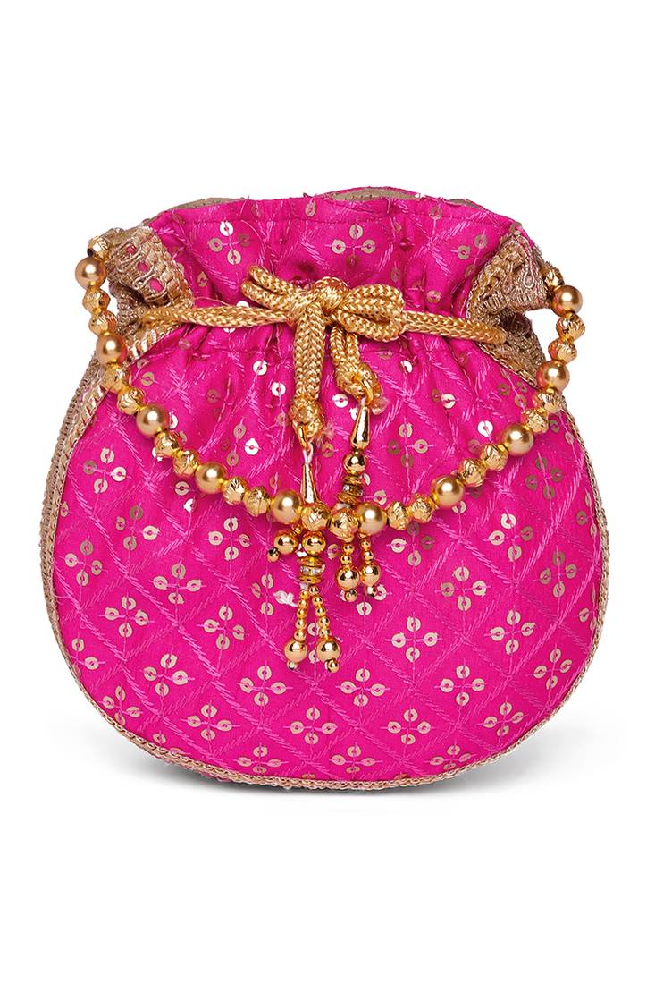 Rani pink ethnic embroidered potli bag for women
