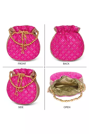 Rani pink ethnic embroidered potli bag for women