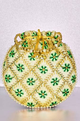 Green ethnic embroidered floral potli bag for women