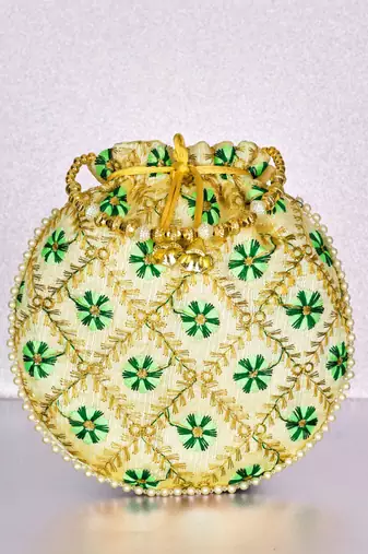 Green ethnic embroidered floral potli bag for women