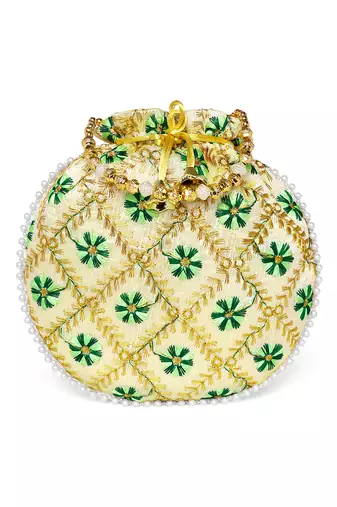 Green ethnic embroidered floral potli bag for women