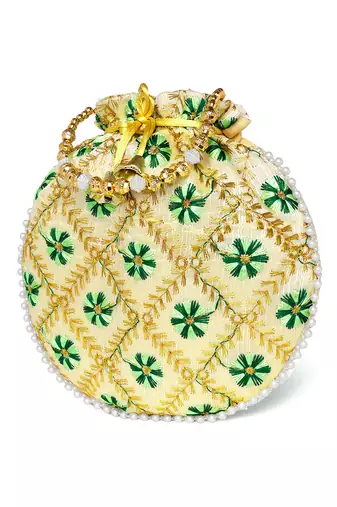 Green ethnic embroidered floral potli bag for women