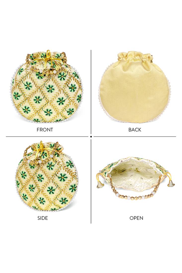 Green ethnic embroidered floral potli bag for women