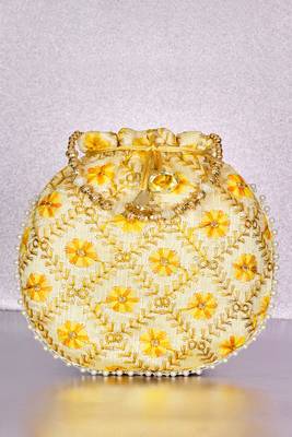 Yellow ethnic embroidered potli bag for women fancy evening wristlet purse bag 1
