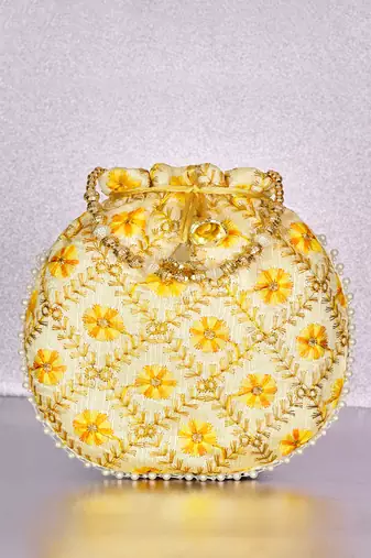 Yellow ethnic embroidered potli bag for women fancy evening wristlet purse bag
