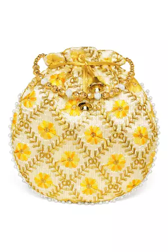 Yellow ethnic embroidered potli bag for women fancy evening wristlet purse bag