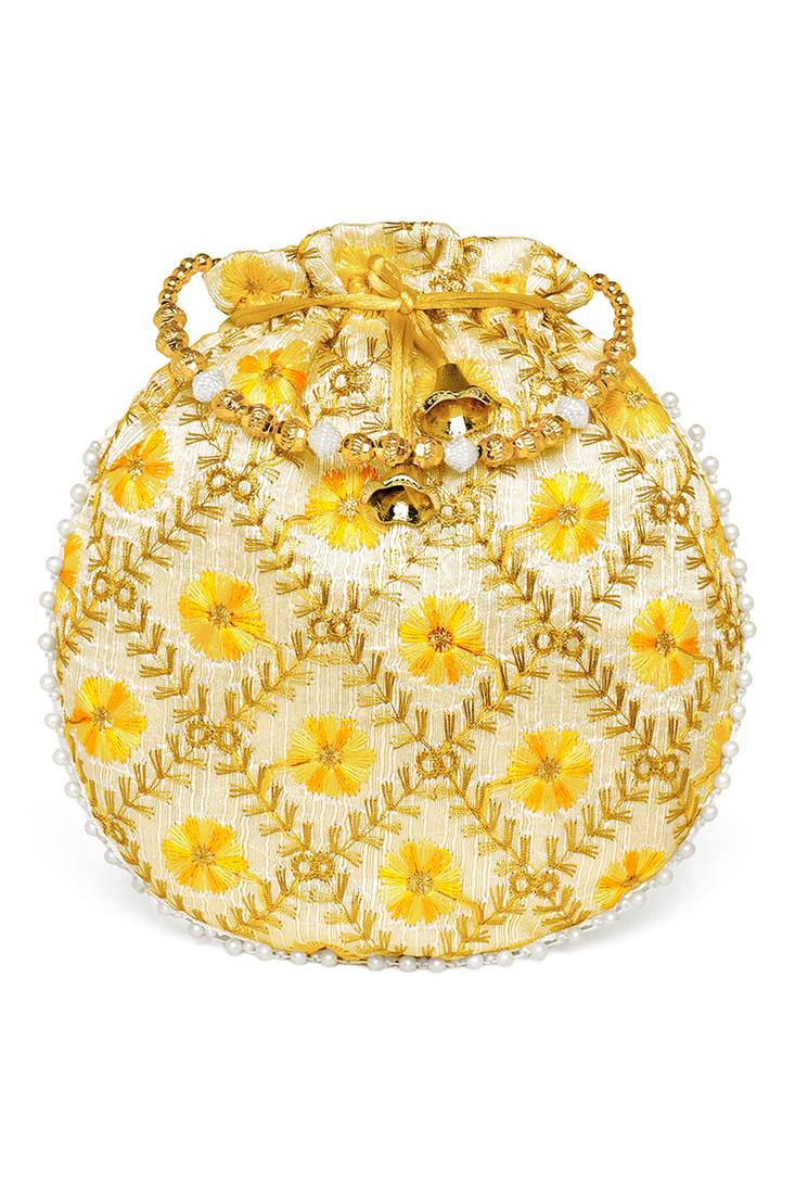 Yellow ethnic embroidered potli bag for women fancy evening wristlet purse bag