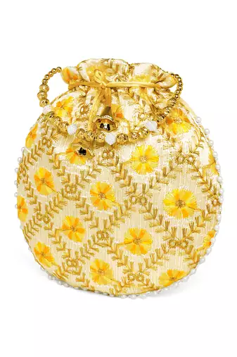 Yellow ethnic embroidered potli bag for women fancy evening wristlet purse bag