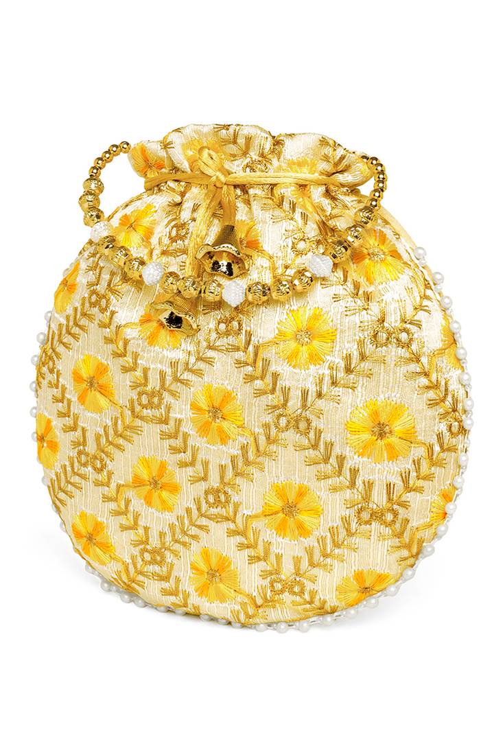 Yellow ethnic embroidered potli bag for women fancy evening wristlet purse bag