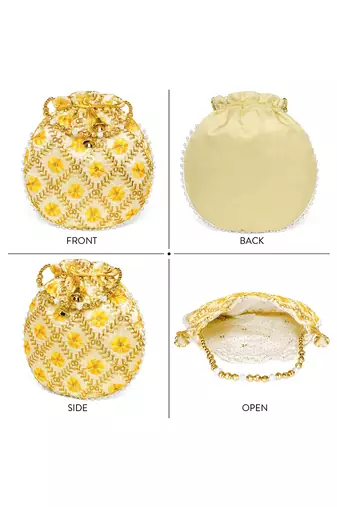 Yellow ethnic embroidered potli bag for women fancy evening wristlet purse bag