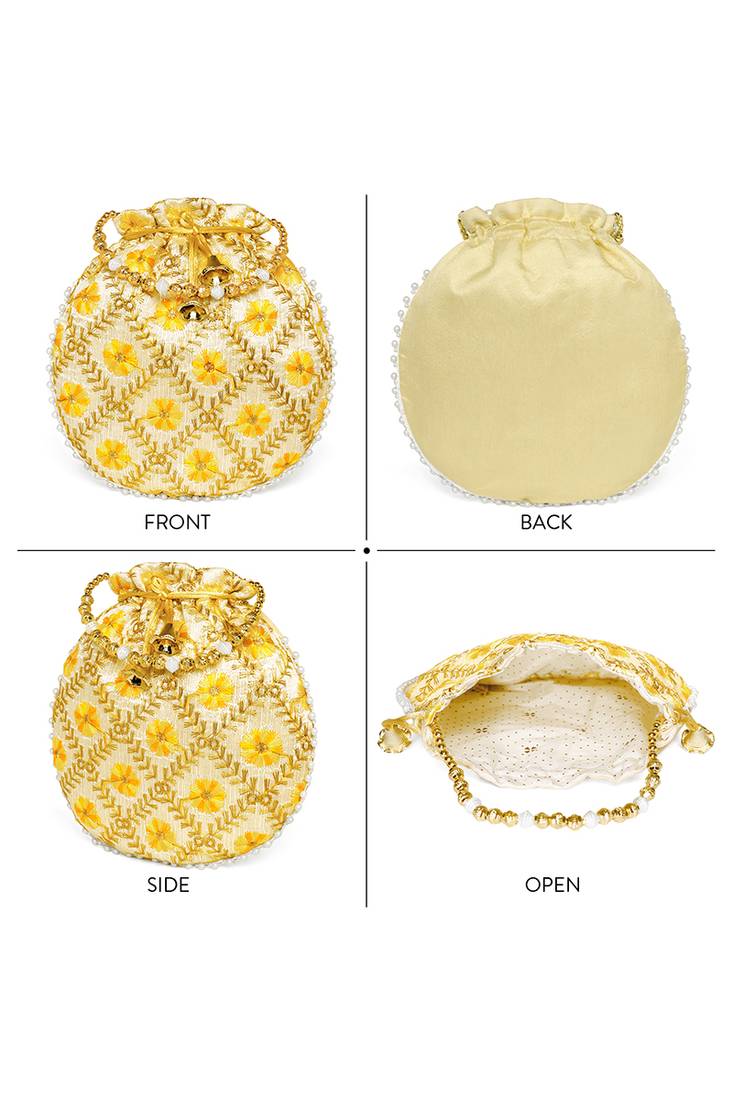 Yellow ethnic embroidered potli bag for women fancy evening wristlet purse bag