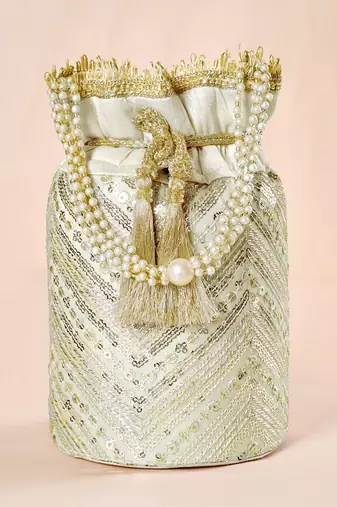 Cream embellished potli bag ethnic wristlet purse for women & girls