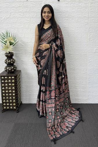 Black Color Mirror Work Satin Saree