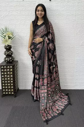 Black Color Mirror Work Satin Saree