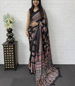 Black Color Mirror Work Satin Saree
