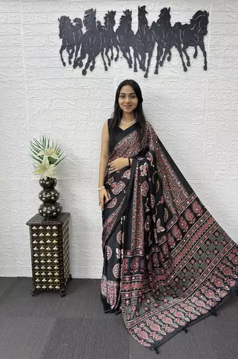 Black Color Mirror Work Satin Saree