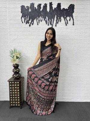 Black Color Mirror Work Satin Saree 3