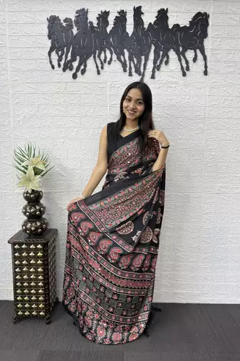 Black Color Mirror Work Satin Saree