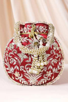 Maroon ethnic embroidered potli bag for women fancy evening bridal wristlet purse bag 1