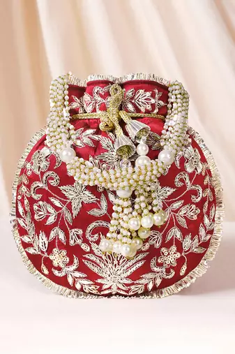 Maroon ethnic embroidered potli bag for women fancy evening bridal wristlet purse bag