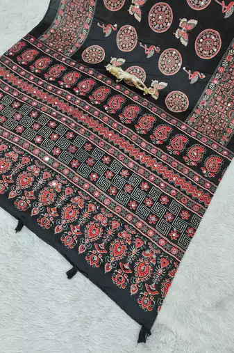 Black Color Mirror Work Satin Saree