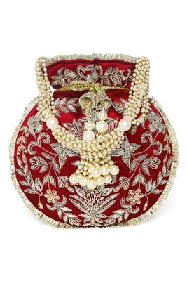 Maroon ethnic embroidered potli bag for women fancy evening bridal wristlet purse bag 2