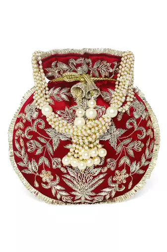 Maroon ethnic embroidered potli bag for women fancy evening bridal wristlet purse bag