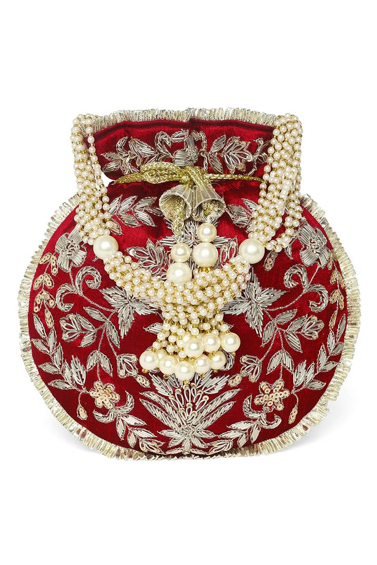 Maroon ethnic embroidered potli bag for women fancy evening bridal wristlet purse bag