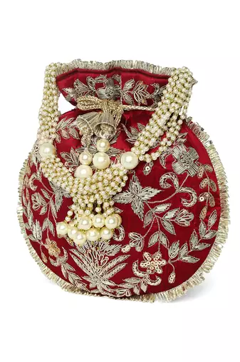 Maroon ethnic embroidered potli bag for women fancy evening bridal wristlet purse bag