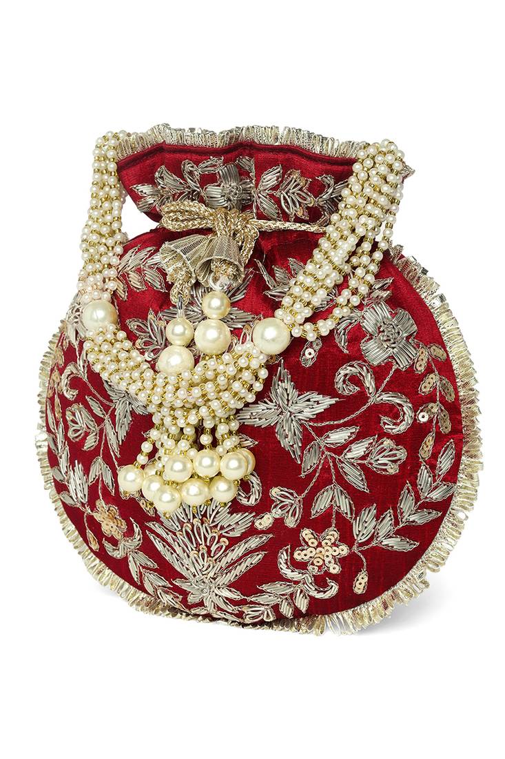 Maroon ethnic embroidered potli bag for women fancy evening bridal wristlet purse bag